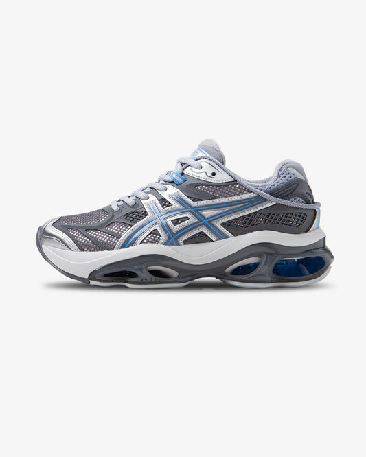 Asics, Gel Kinetic 2.0, Grey sneaker, Blue details on shoe, women, side view