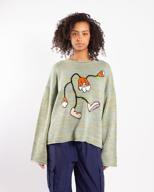 Brain Dead Blooms Cropped Marled Knit Sweater Green