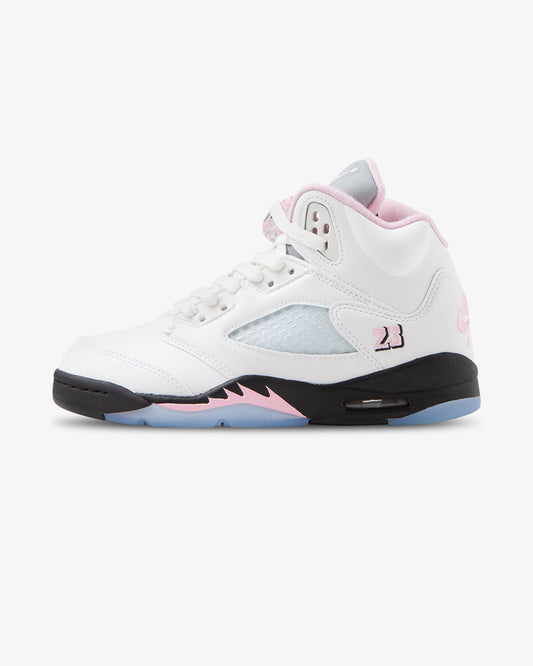 White/Soft Pink Air Jordan 5 Retro GS sneaker, side view.