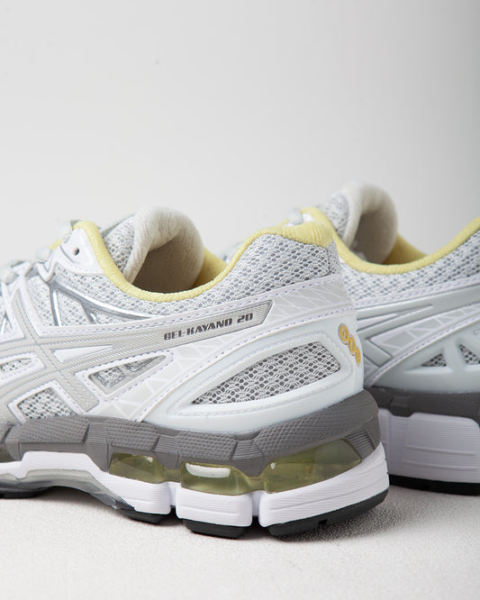 Asics, Gel Kayano 20, Glacier Grey, Grey sneaker, yellow detailing, women, detail image