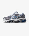 Asics, Gel Kinetic 2.0, Grey sneaker, Blue details on shoe, women, side view