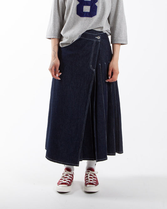 Beam Boy O. Wrap Pleated Skirt Indigo
