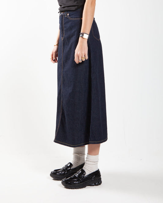 Beams Boy O Denim 5 Pocket Maxi Skirt Blue Indigo