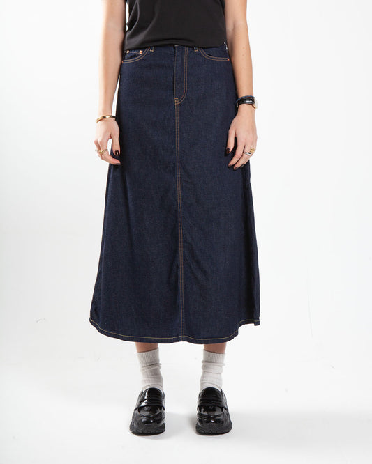 Beams Boy O Denim 5 Pocket Maxi Skirt Blue Indigo