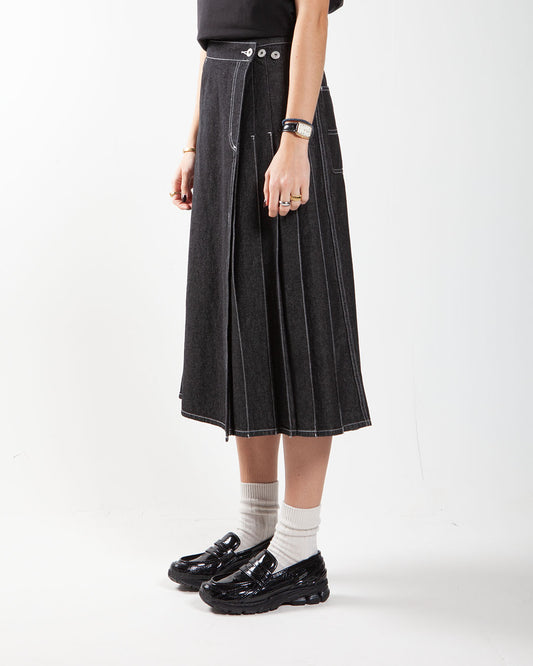 Beams Boy O. Wrap Pleated Skirt Black Denim