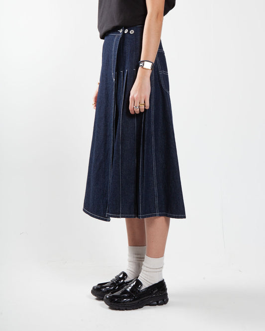 Beams Boy O. Wrap Pleated Skirt Indigo