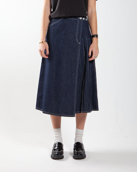 Beams Boy O. Wrap Pleated Skirt Indigo