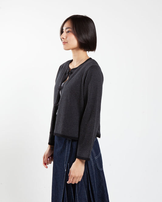 Charchoal beams boy china trim cardigan, side view