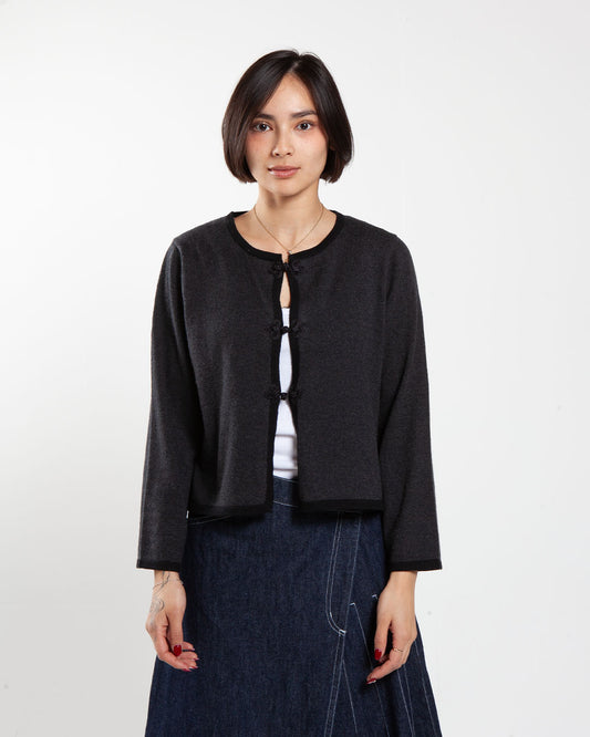 Charchoal beams boy china trim cardigan, front view