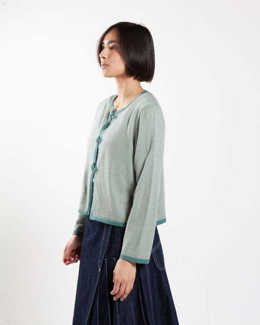 Blue beams boy china trim cardigan, side view