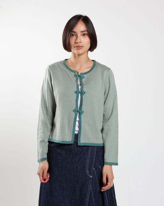 Blue beams boy china trim cardigan, front view