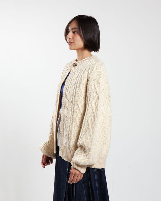 Beams boy ivory cream cable knit cardigan, side view