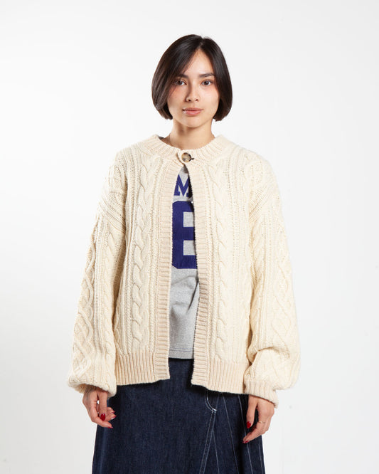Beams boy ivory cream cable knit cardigan, front view