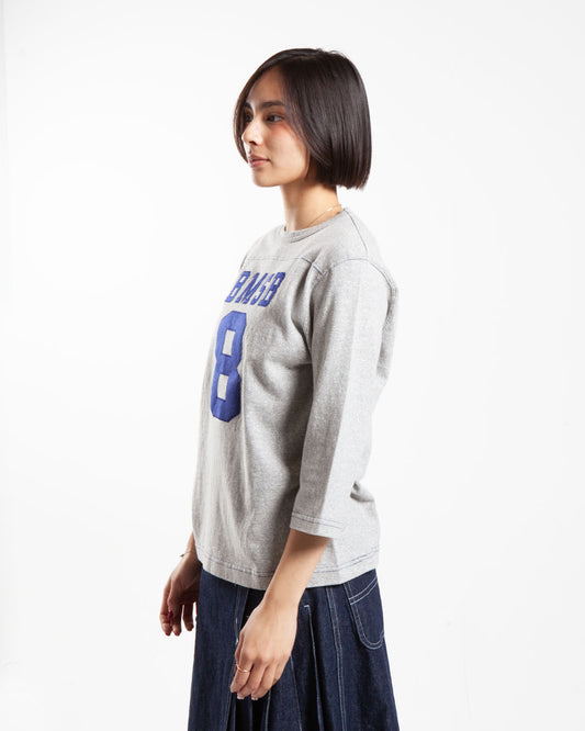 Grey women's Beam Boy 3/4 t-shirt, blue text, side view