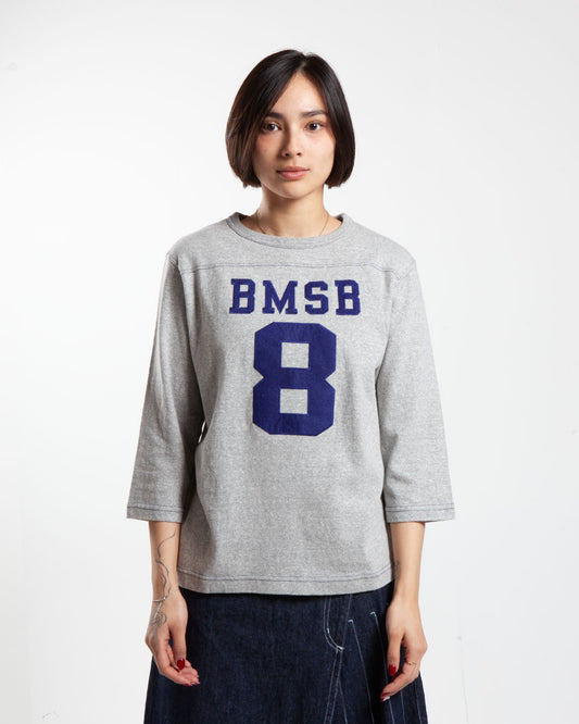 Grey women's Beam Boy 3/4 t-shirt, blue text front view