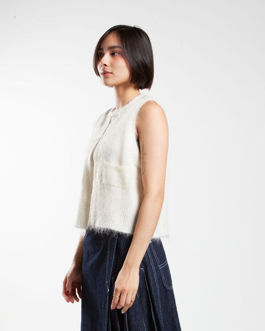 Beams Boy off-white China button vest, side view