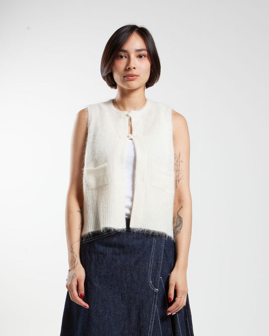 Beams Boy off-white China button vest, front view