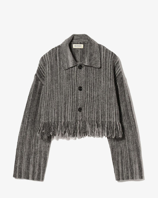 Beams Boy O. Kasuri Fringe CG Cardigan Grey