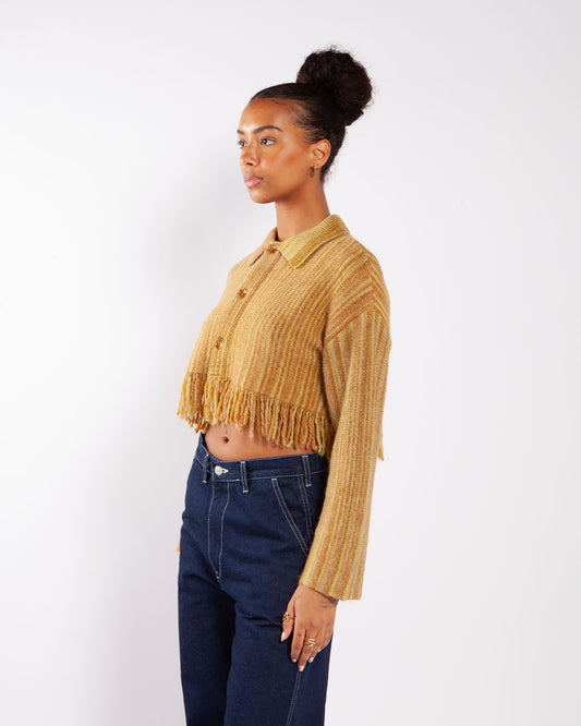 Beams Boy O. Kasuri Fringe CG Cardigan Mustard