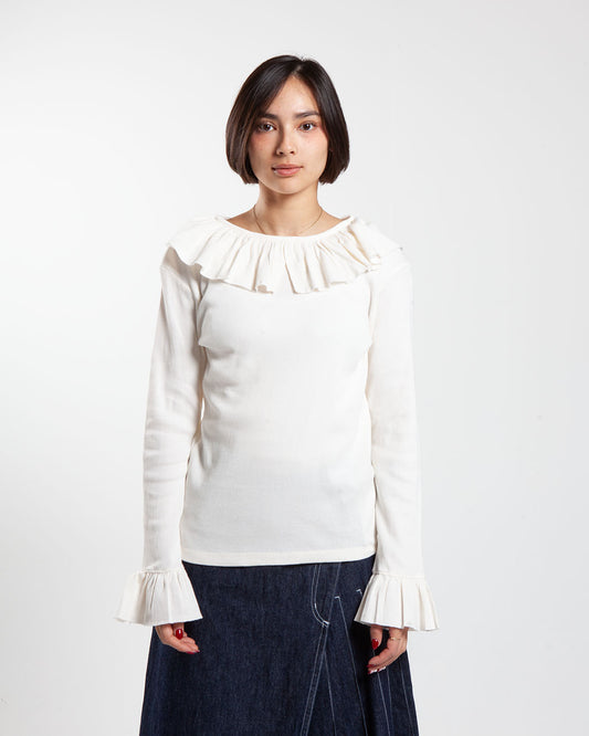Ivory Beams Boy knitted ruffle women’s shirt, front view