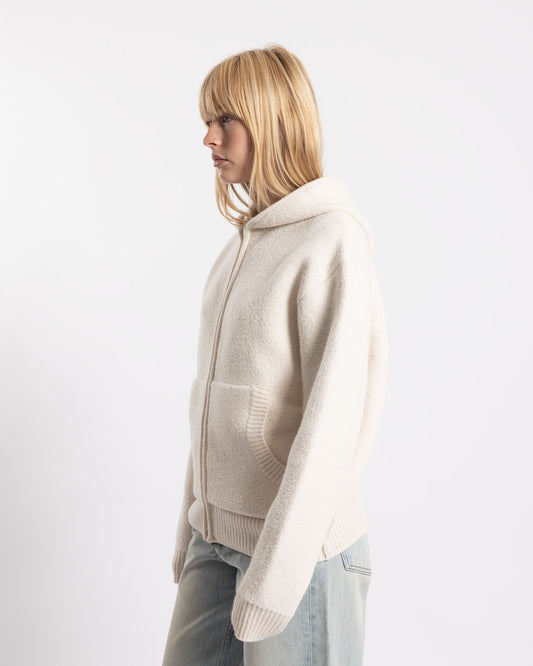 COOR Reversible Boucle Knit Hooded Zip-Up Ivory