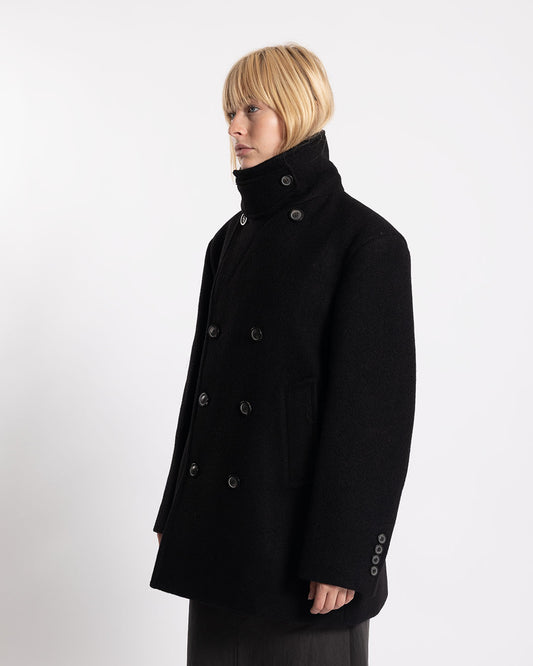 COOR Virgin Wool Broken Brush Pea Coat Black