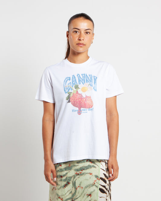 Ganni Basic Cotton Jersey Strawberry Print White