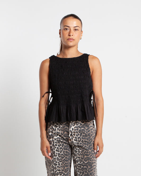 Ganni Cotton Smock Tie Top Black