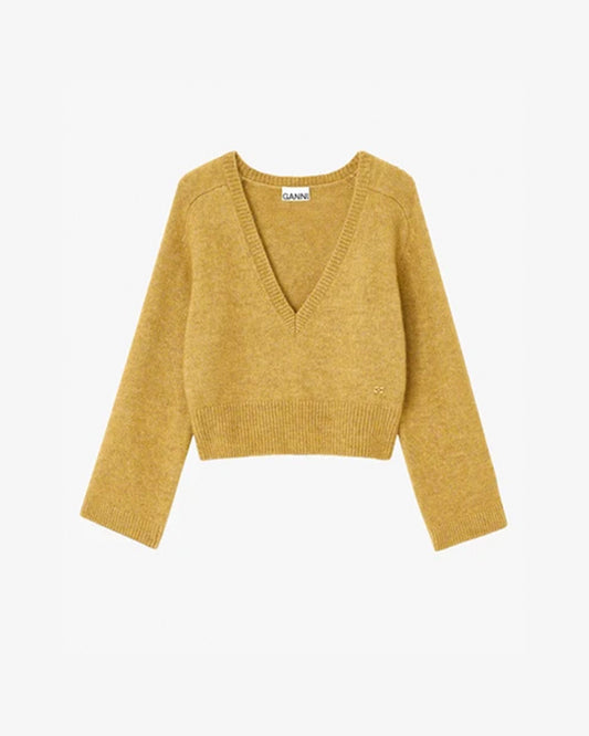 Ganni Melange Mohair Deep V-neck Custard