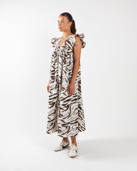 Ganni Printed Stretch Cotton Angel Long Dress Egret White