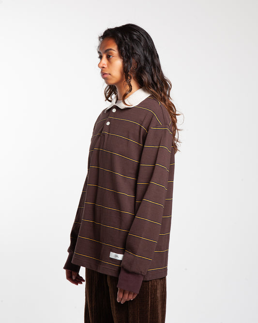 Kijun Stripe Long Sleeve Polo Dark Brown