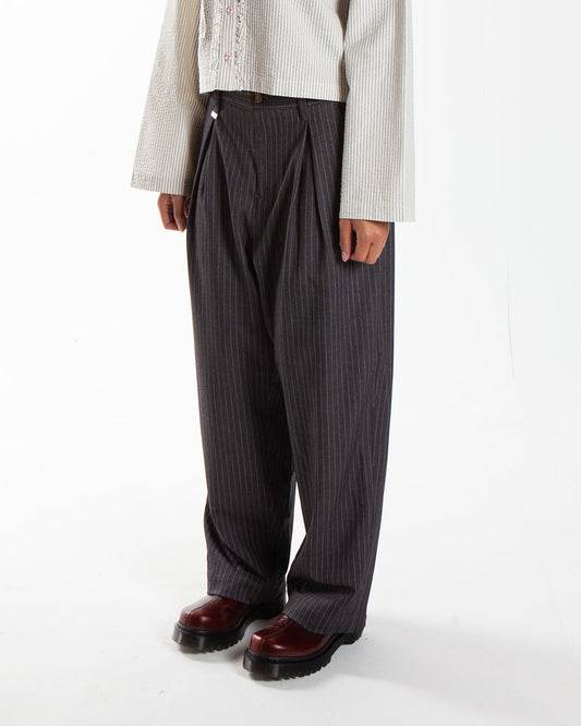 Metalwood Studio Elastic Waist Baggy Pant Grey Pinstripe