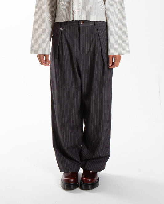 Metalwood Studio Elastic Waist Baggy Pant Grey Pinstripe