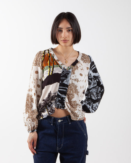 Nomarhythm Textile Patchwork Gathered Blouse Beige Mix