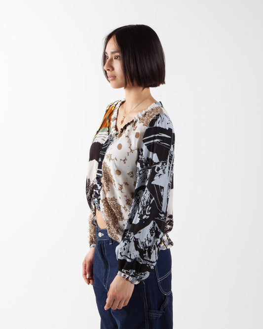 Nomarhythm Textile Patchwork Gathered Blouse Beige Mix