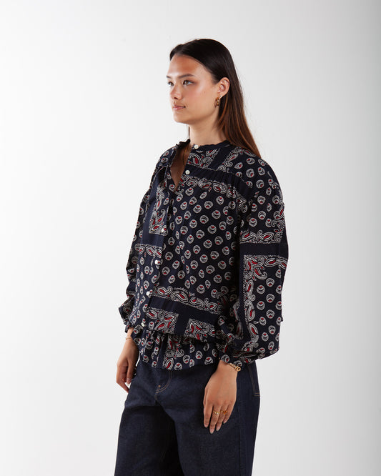 Nomarhythm Textile Paisley Gathered Blouse Navy