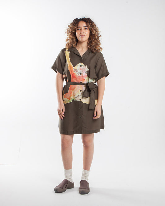 Potato Head Bali's Monkey Women's Shirt Dress Olive