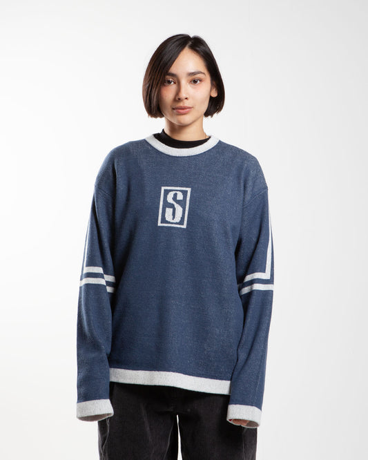 Alpine blue Stüssy sweater, front view, chest logo