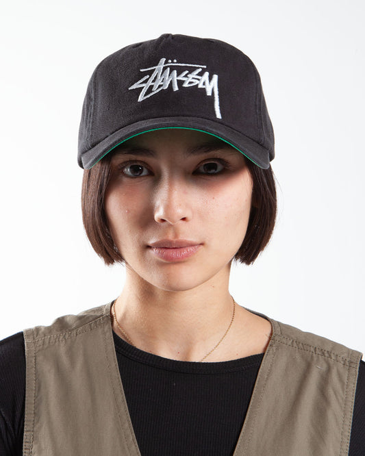Black Stüssy cap, front view, front logo