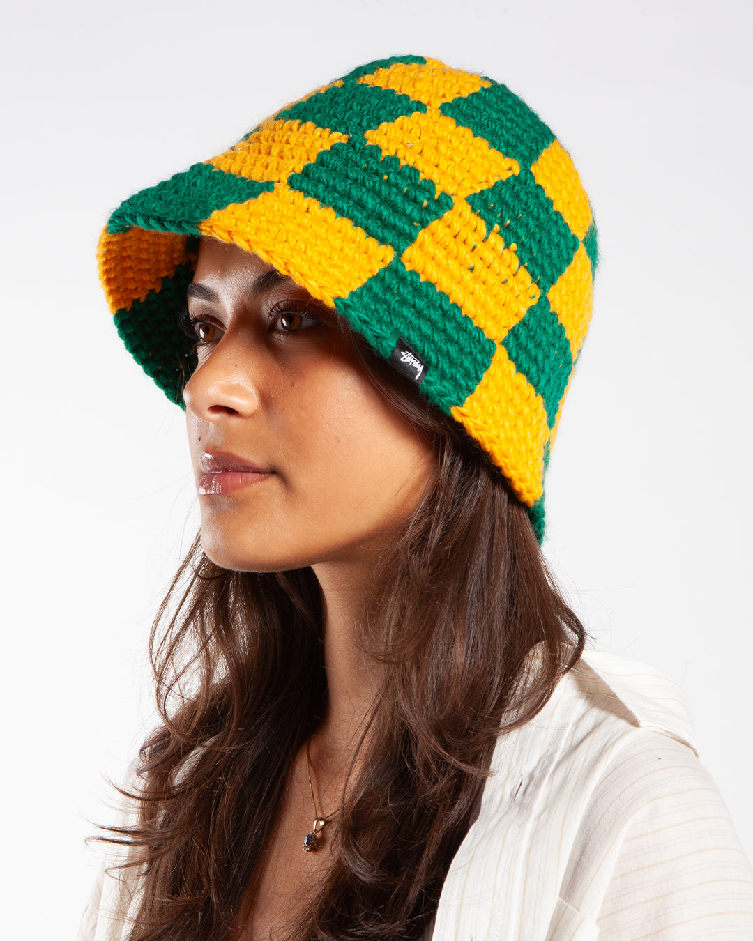 Stüssy Checker Knit Bucket Hat Evergreen