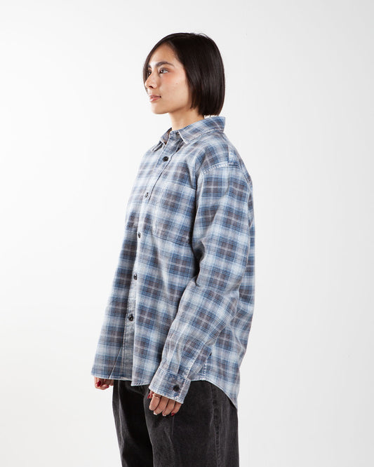 Blue Stüssy plaid shirt, side view