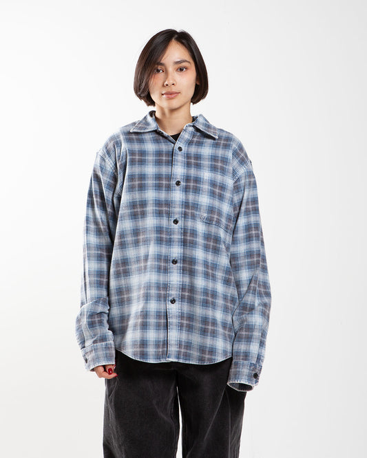 Blue Stüssy plaid shirt, front view