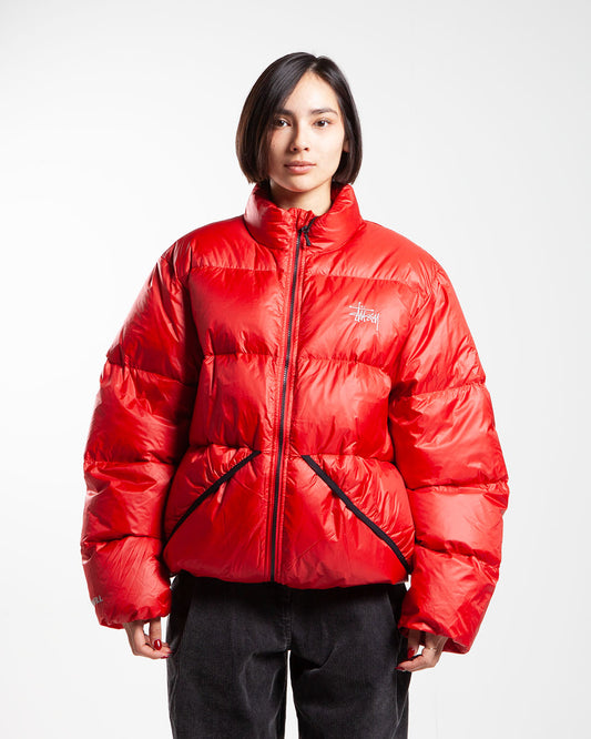 Red Stüssy Micro Ripstop Down Mock-neck jacket, front view