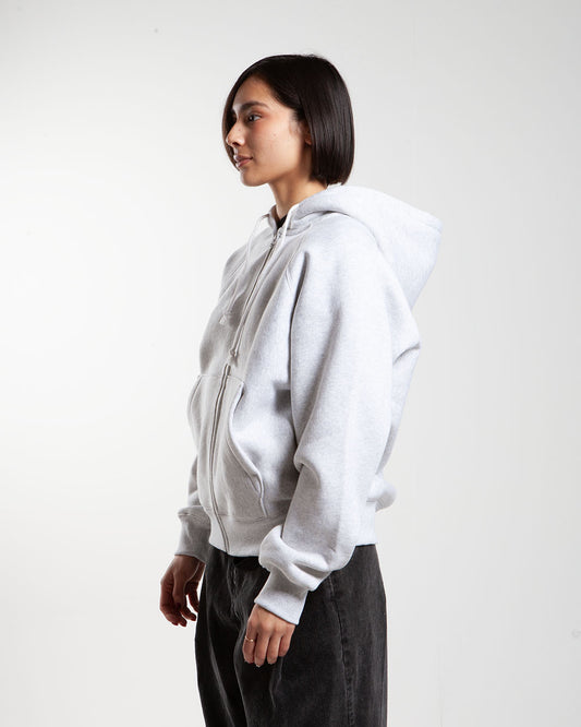 Grey Stüssy raglan zip hoodie, side view