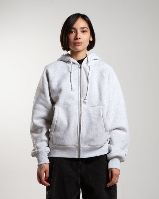 Grey Stüssy raglan zip hoodie, front view