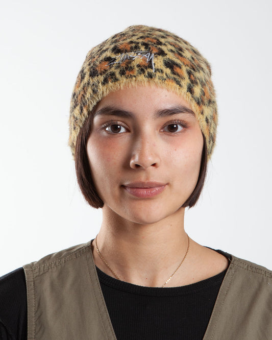 Leopard pattern Stüssy beanie, front view