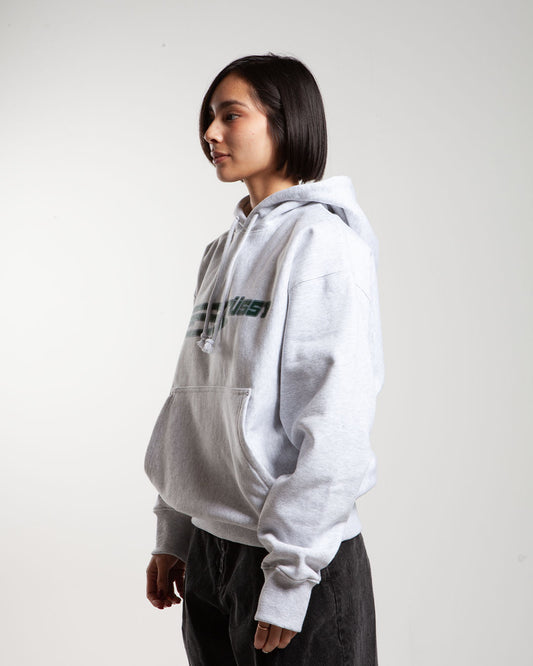 Grey Stüssy hoodie, side view, large logo on chest