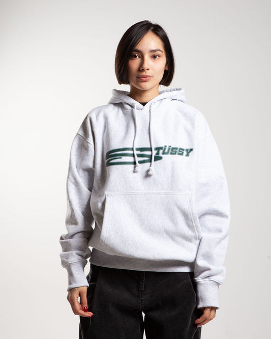 Grey Stüssy hoodie, front view, large logo on chest