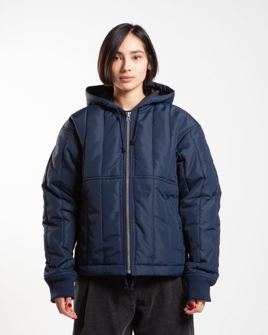 Navy Stüssy quilted hooded jacket, front view