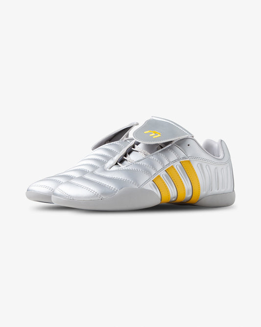 Silver Yellow Adidas x Miaou Elite Mei sneaker, angled front view